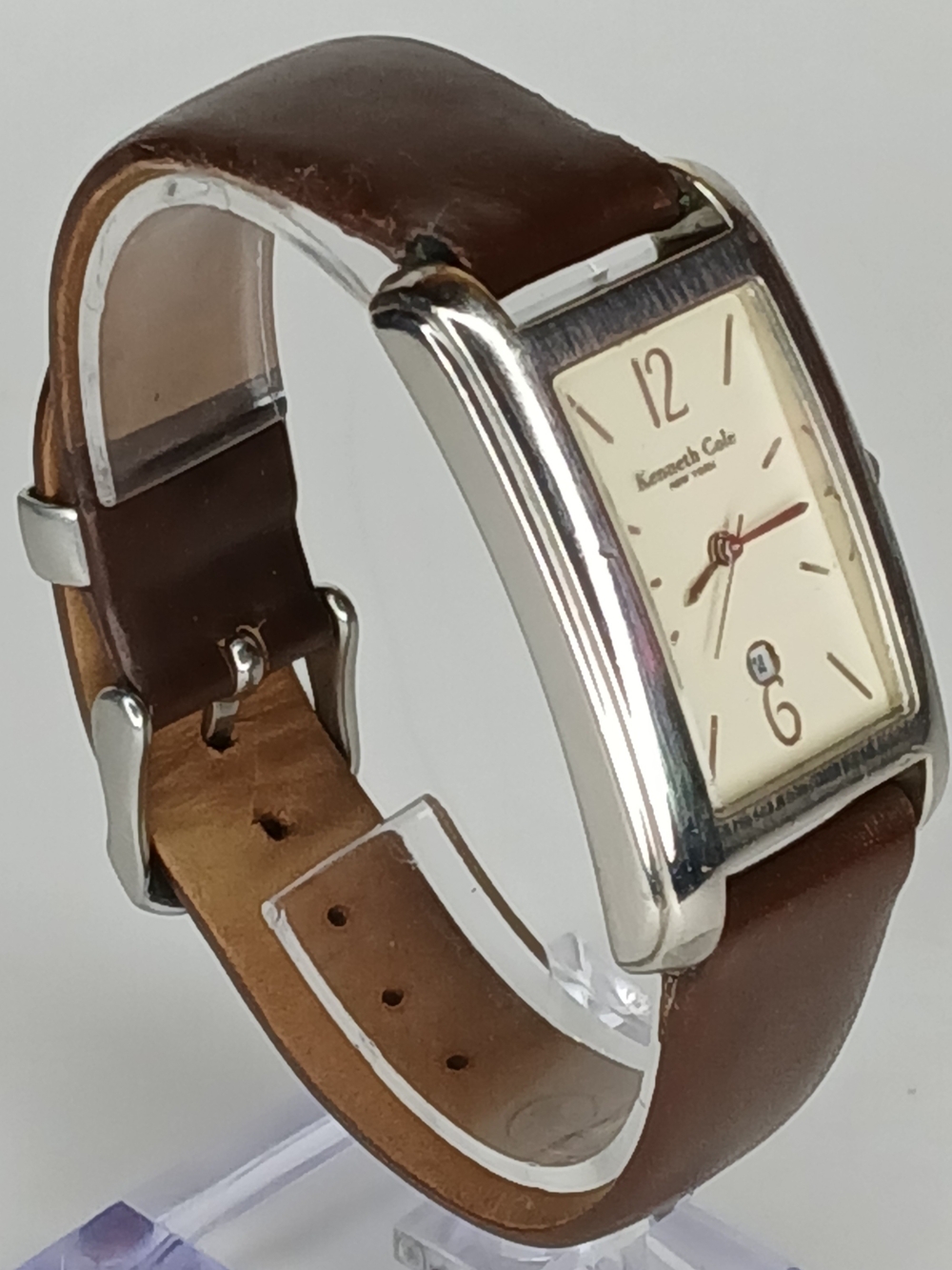 Kenneth Cole New York KC1086 Rectangular Tank Watch Brown Leather Strap Mens